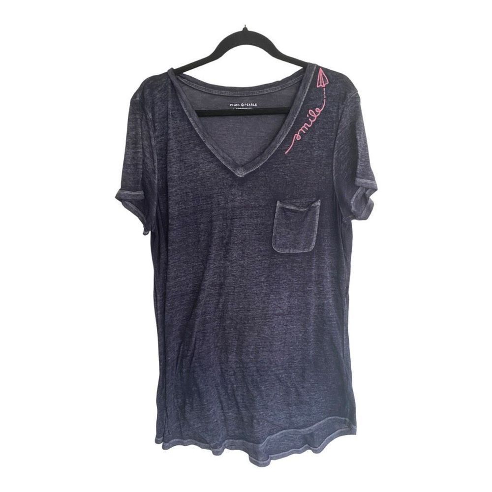 Peace & Pearls Women's Dark Blue Heather V-neck Short Sleeve T-shirt Size Large